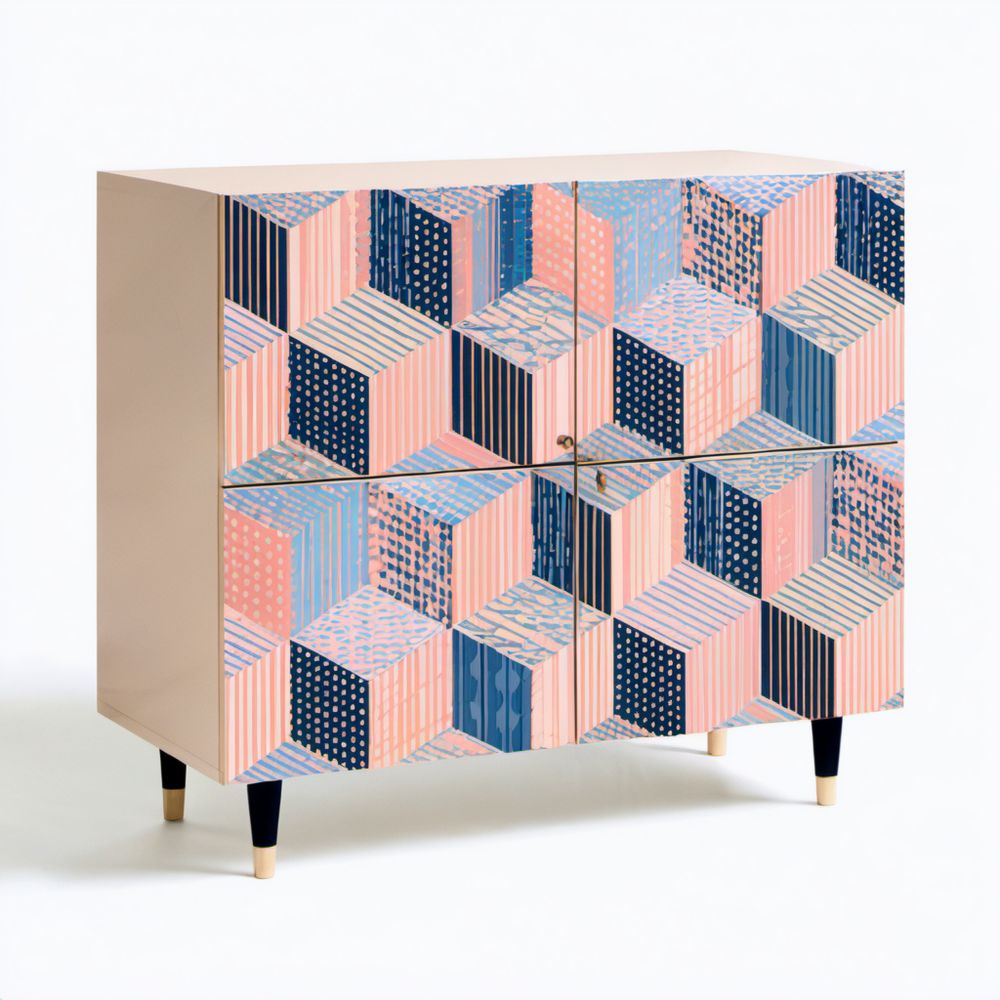 Kredens z płyty MDF z geometrycznym wzorem różowo-granatowym 90 x 40 x 100 cm