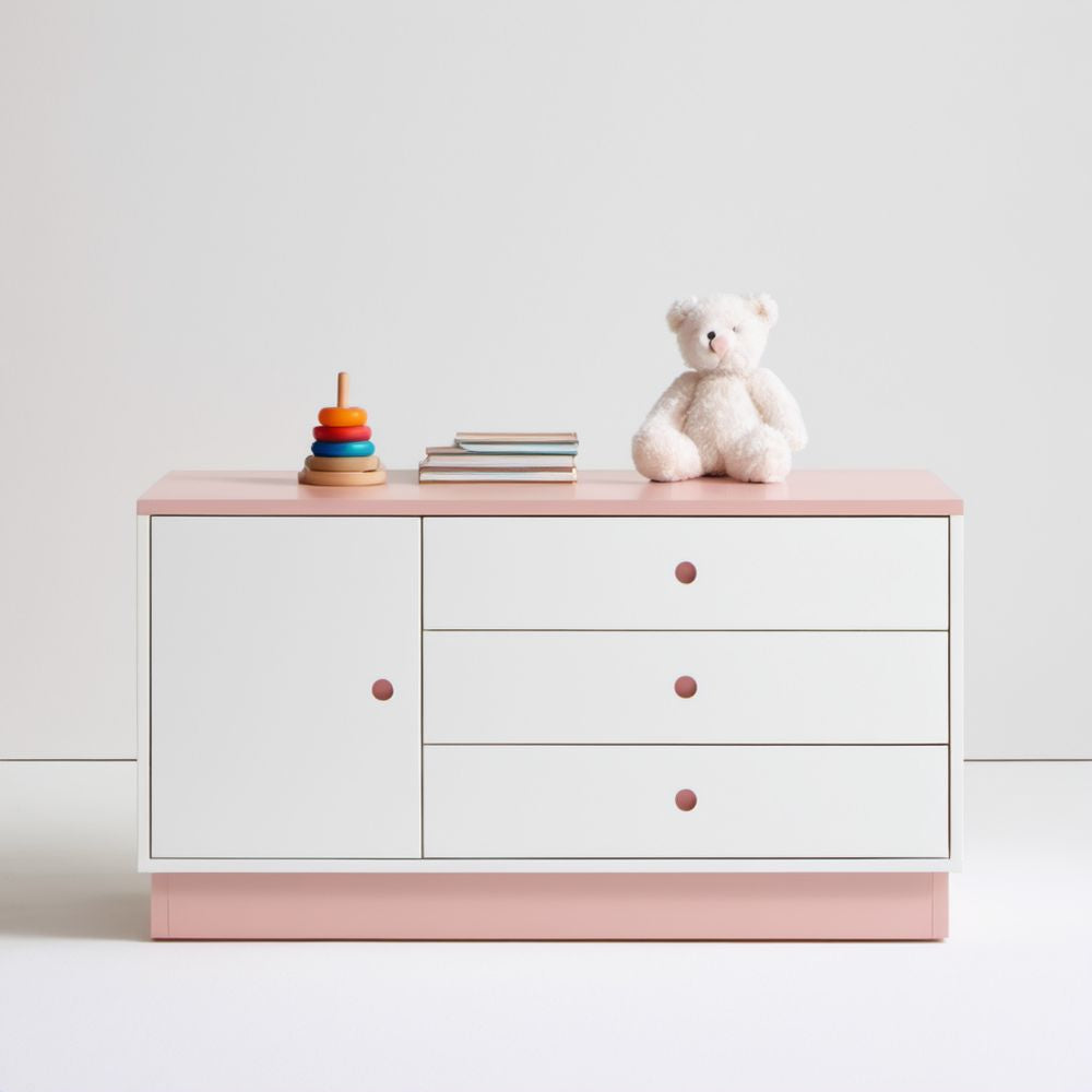 Komoda dziecięca z 3 szufladami i drzwiami z płyty MDF, biało-różowa, 120 × 45 × 85 cm