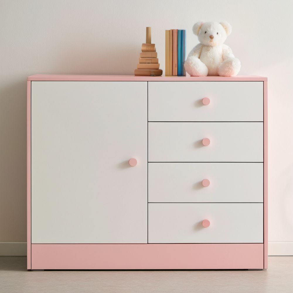Komoda dziecięca z 3 szufladami i drzwiami biało-różowa z MDF, 100 × 40 × 90 cm