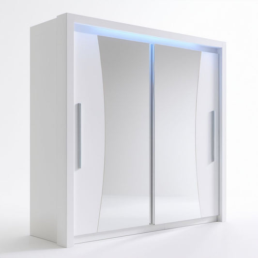 Biała szafa przesuwna z lustrem i oświetleniem LED, 180 x 60 x 200 cm