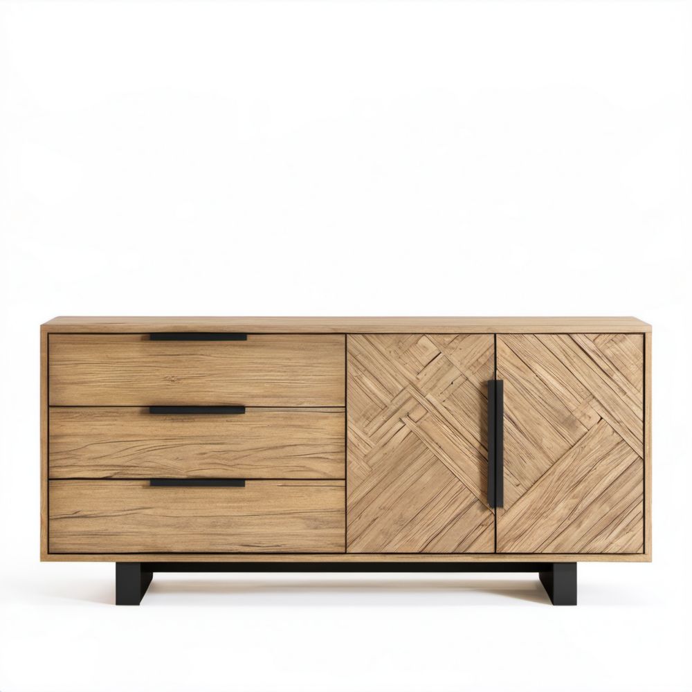 Drewniany kredens z MDF w kolorze naturalnego dębu i czarnym, 160 x 40 x 80 cm, 3 szuflady i 2 drzwi