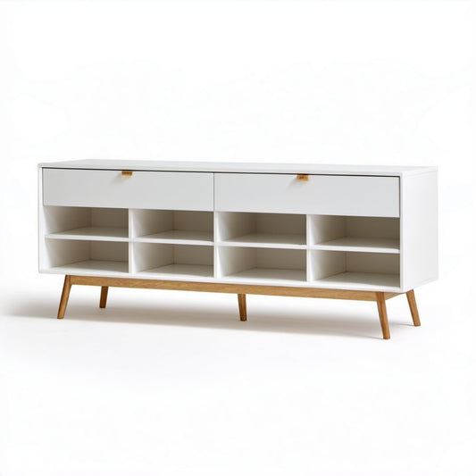 Biała szafka na buty z płyty MDF, 2 szufladami i 8 przegrodami, 140 x 35 x 75 cm