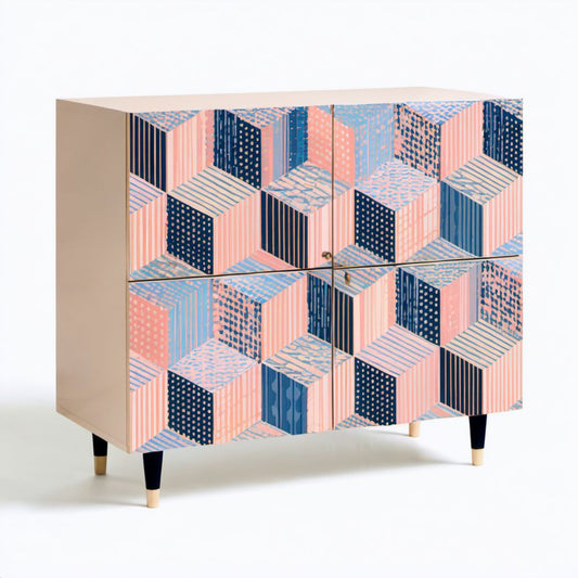 Kredens z płyty MDF z geometrycznym wzorem różowo-granatowym 90 x 40 x 100 cm