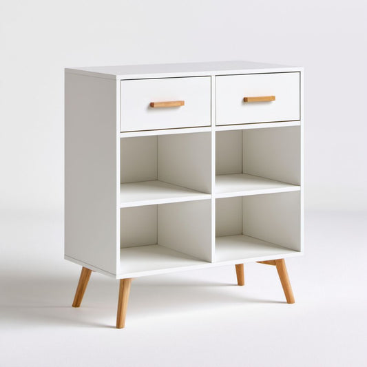 Biała szafka z płyty wiórowej z 2 szufladami i 4 półkami, 80 × 35 × 110 cm