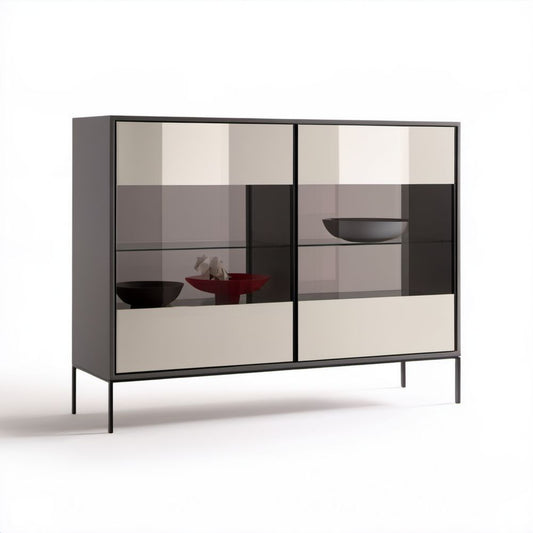 Dwudrzwiowy kredens z płyty MDF i szkła beżowo-czarny 160 × 45 × 130 cm