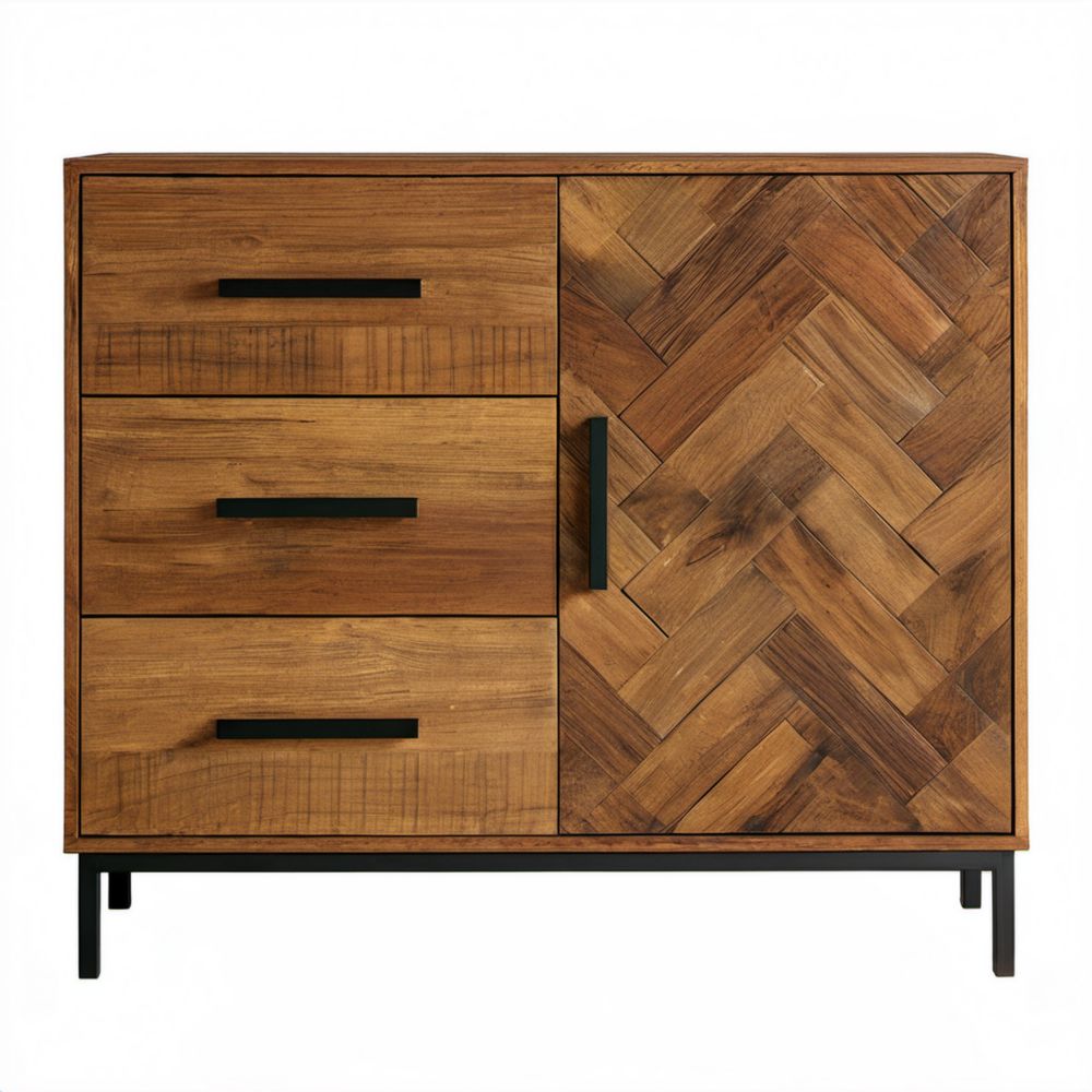 Brązowy kredens z litego drewna mango 100 × 40 × 110 cm, 3 szuflady i 1 drzwi
