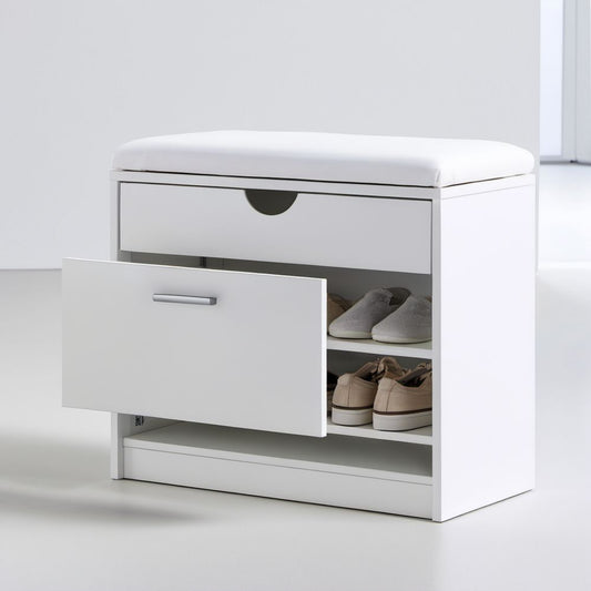 Biała szafka na buty z siedziskiem z płyty MDF, 80 x 30 x 50 cm