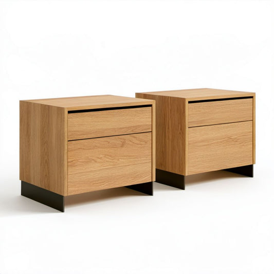 Zestaw 2 prostokątnych szafek nocnych MDF w kolorze naturalnego dębu, 2 szuflady, 50 × 40 × 50 cm