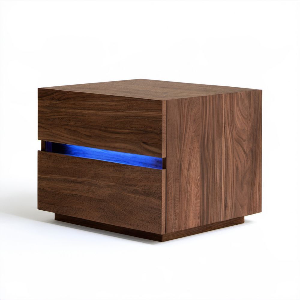 Brązowa szafka nocna z 2 szufladami z laminowanej płyty MDF, z niebieskim oświetleniem LED, 50 x 40 x 45 cm