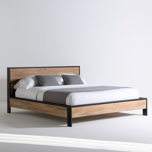 Łóżko dwuosobowe z ramą stalową i płytą MDF w dekorze dębu 160 x 200 cm, czarno-brązowe