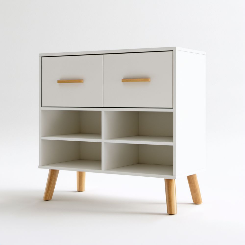 Biała drewniana szafka na buty z 2 drzwiami i 4 otwartymi wnękami 80 × 35 × 105 cm