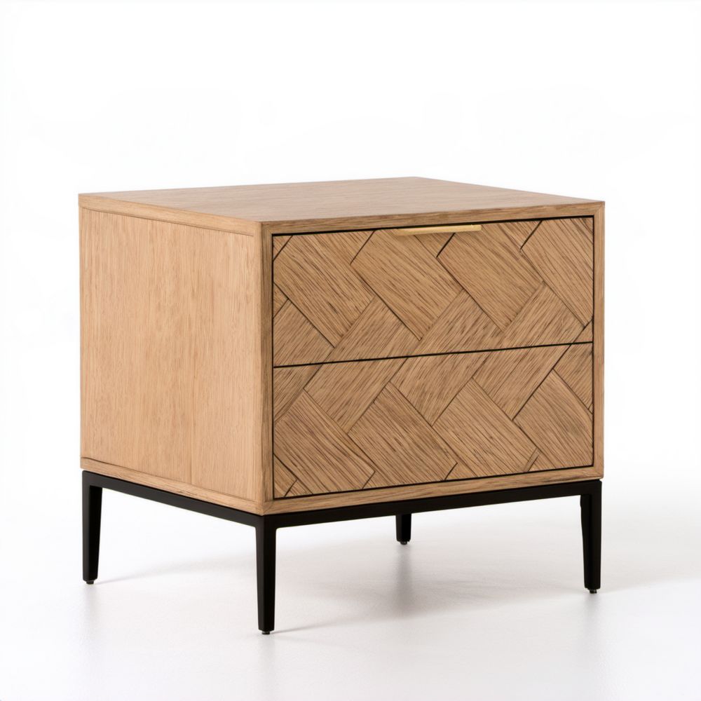 Szafka nocna z MDF z fornirem dębowym, 2 szuflady, 60 × 40 × 60 cm, dąb naturalny/czarny/mosiężny