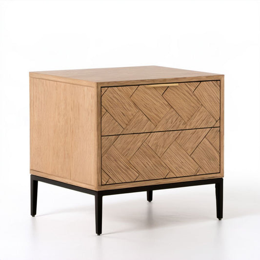 Szafka nocna z MDF z fornirem dębowym, 2 szuflady, 60 × 40 × 60 cm, dąb naturalny/czarny/mosiężny